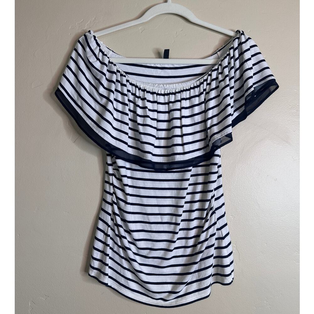 WHBM Navy & White Stripe Deep Scoop Neck Top XS